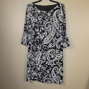 Talbots Black White Paisley Floral Print‎ 3/4 Bell Sleeve Shift Dress Size 10